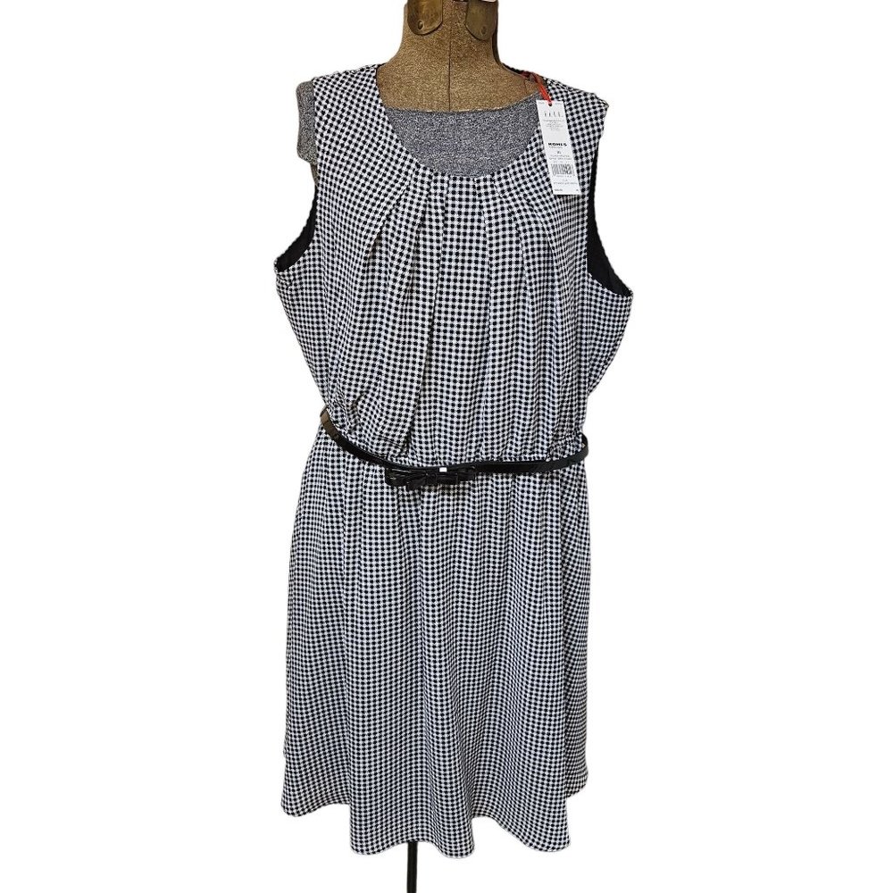 Elle Dress Womens XL Black White Fit Flare Belted Check Midi Business Casual